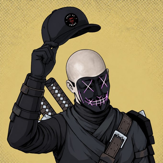 A comic-style illustration of a bald character wearing a black mask with purple X's for eyes, holding up a cap with a logo, set against a yellow dotted background.