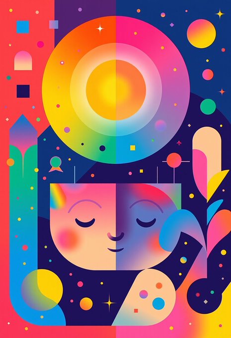 A serene, abstract illustration features a peaceful face with closed eyes surrounded by vibrant geometric shapes, a radiant rainbow-colored halo, and a cosmic background of stars and planets. The artwork's dreamy, colorful aesthetic pairs with the post's morning greeting and tribute to Linux, symbolizing the quiet, omnipresent magic of technology that brightens our days like the rising sun.