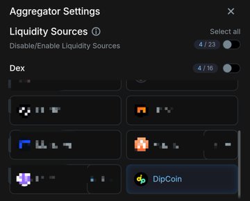 A dark-themed 'Aggregator Settings' interface displays options to enable or disable Liquidity Sources and DEXes, including one labeled 'DipCoin'.
