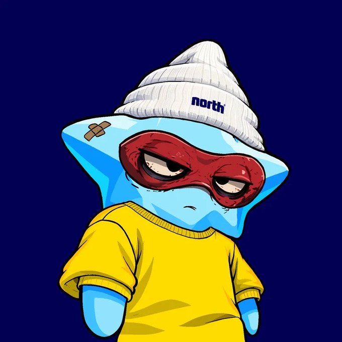 A cartoon illustration of a blue star character wearing a white beanie labeled 'north', a red eye mask, and a yellow t-shirt against a dark blue background.