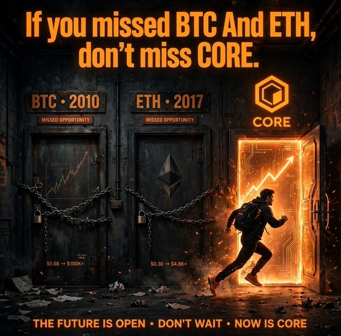 A crypto promotional graphic reads 'If you missed BTC And ETH, don't miss CORE,' showing locked doors for 'BTC • 2010' and 'ETH • 2017' labeled 'MISSED OPPORTUNITY,' while a man runs through an open door marked 'CORE' with the slogan 'THE FUTURE IS OPEN • DON'T WAIT • NOW IS CORE.'