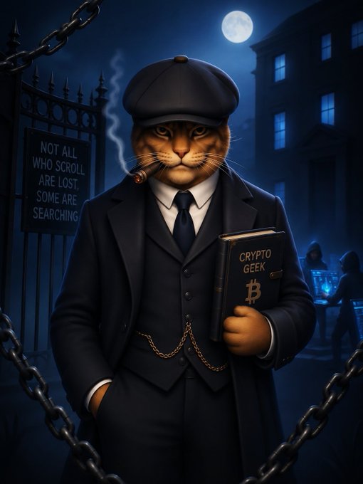A stylized digital illustration of an orange tabby cat dressed as a vintage detective in a suit and flat cap, holding a book titled 'CRYPTO GEEK' with a Bitcoin symbol, smoking a cigar at night by a gate reading 'NOT ALL WHO SCROLL ARE LOST, SOME ARE SEARCHING'.