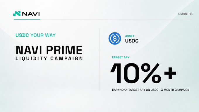 A promotional graphic displays 'NAVI PRIME LIQUIDITY CAMPAIGN' with 'USDC YOUR WAY', showing an asset of USDC and a target APY of '10%+' for a 3-month campaign.