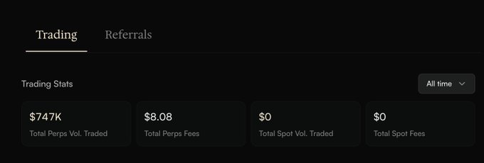 A dark-themed trading dashboard displaying 'Trading Stats' with 'Total Perps Vol. Traded $747K', 'Total Perps Fees $8.08', 'Total Spot Vol. Traded $0', and 'Total Spot Fees $0' under tabs labeled 'Trading' and 'Referrals'.