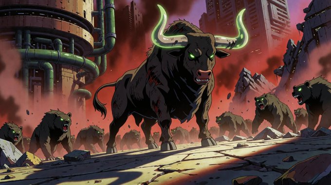 A menacing black bull with glowing green horns and eyes leads a pack of ferocious beasts through a destroyed industrial cityscape bathed in crimson light. The imagery of the powerful, unstoppable bull charging forward visually reinforces the post's defiant message to "never bet against the black bull," symbolizing strength, dominance, and the conviction behind the $ANSEM call.