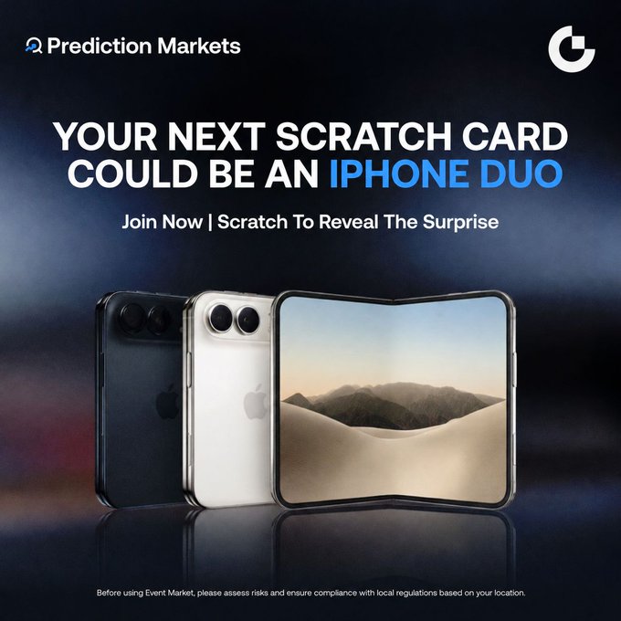The promotional graphic from Prediction Markets displays "YOUR NEXT SCRATCH CARD COULD BE AN IPHONE DUO" alongside images of black and white iPhones, encouraging users to "Join Now | Scratch To Reveal The Surprise" and trade on the Event Market to win prizes like the featured iPhone Duo bundle.