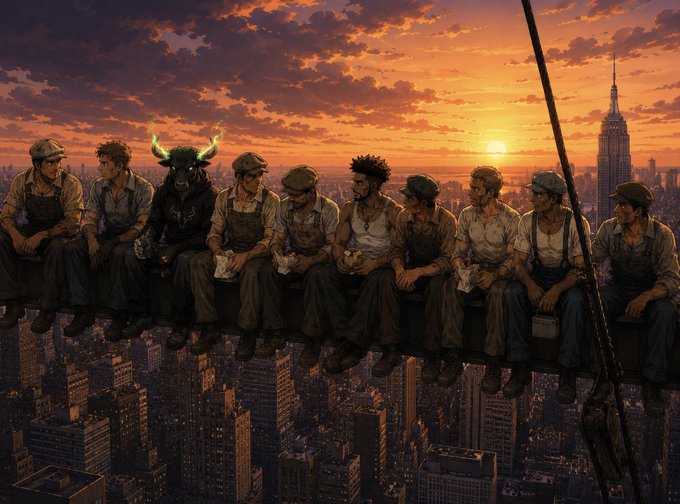 A digital artwork recreating 'Lunch atop a Skyscraper' with anime-style characters including one with green horns, sitting on a beam high above a city skyline at sunset with the Empire State Building visible.