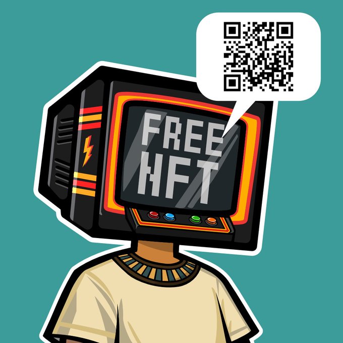 A cartoon illustration of a character with an old computer monitor for a head displaying the text 'FREE HFT', with a QR code in a speech bubble above.