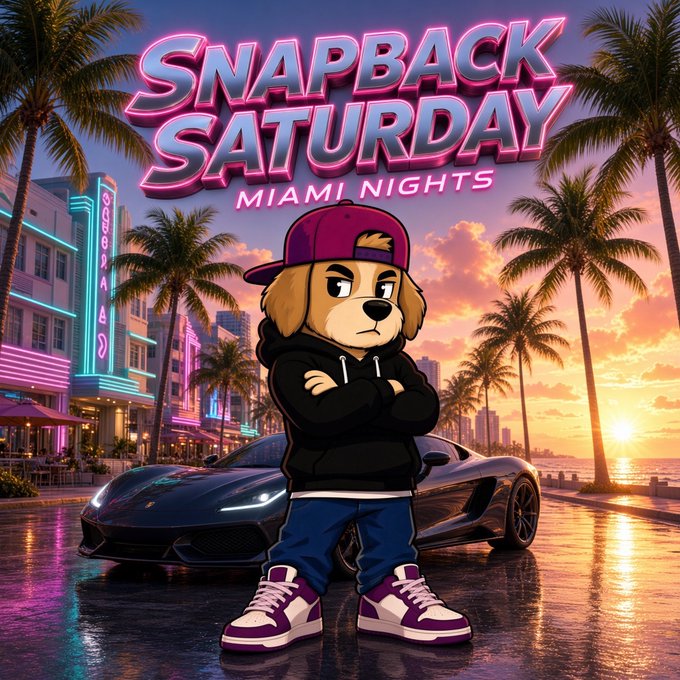 Vibrant 'SNAPBACK SATURDAY - MIAMI NIGHTS' poster featuring a cartoon dog in a purple cap, black hoodie, and sneakers standing in front of a sports car at sunset on Ocean Drive.
