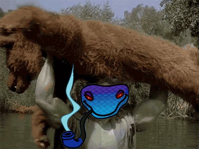 A bizarre composite image showing a CGI furry creature over a body of water, with a cartoon snake head smoking a pipe superimposed in the foreground.