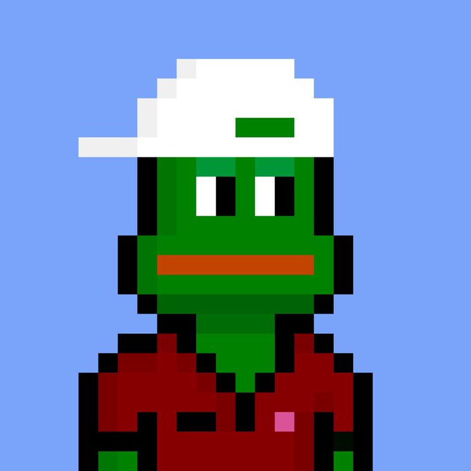 A pixel art illustration of a green character wearing a white baseball cap and a red shirt against a blue background.