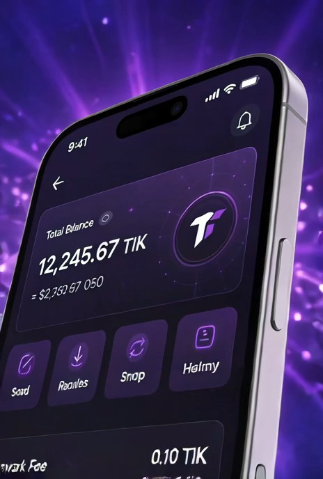 A smartphone displaying a cryptocurrency wallet app showing a Total Balance of 12,245.67 TIK (~$2,250.67 USD), with icons for Send, Receive, Swap, and History visible against a purple background.