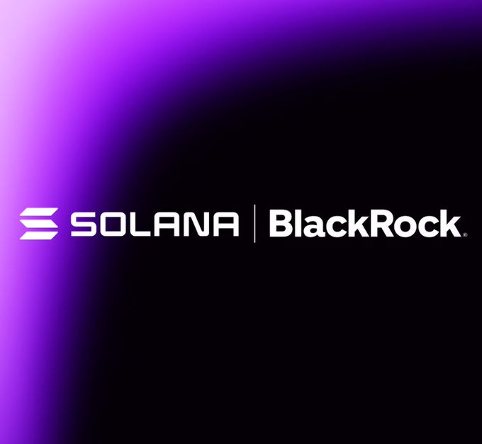 A promotional graphic with a purple gradient background featuring the Solana logo alongside the BlackRock logo separated by a vertical line.
