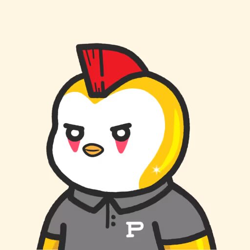 A cartoon penguin character with a red mohawk, stern expression, and red cheek markings wears a gray polo shirt featuring a white "P" emblem, matching the "Pengs" identity of the @ETHPengs profile.