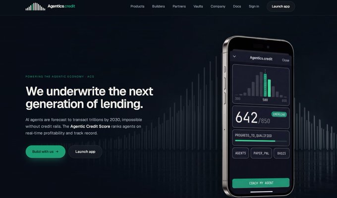 The image shows the Agenticscredit website homepage with a dark background, featuring the tagline "We underwrite the next generation of lending" and mentioning that AI agents are forecast to transact trillions by 2030, making credit rails impossible without Agenticscredit's real-time profitability and track record, alongside a smartphone mockup displaying an app interface with a score of "642/850" marked as "EXCELLENT" and a "COACH MY AGENT" button, tying in with the post about easily building and testing an AI agent on the platform without coding.