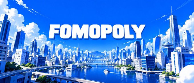 A bright blue futuristic city skyline with waterways and the large white title “FOMOPOLY.”
