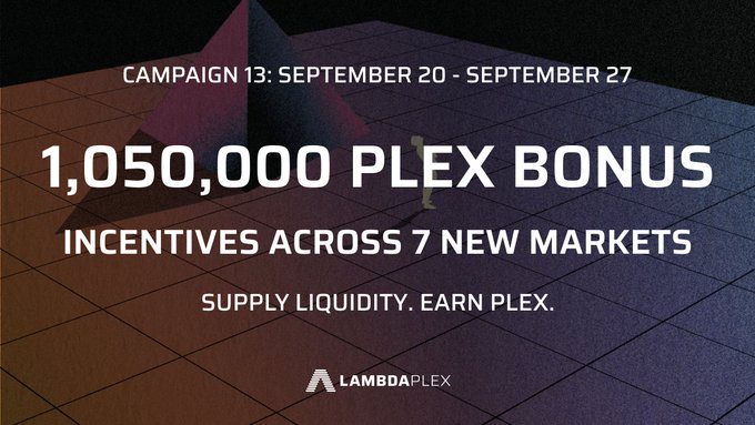 LambdaPlex announces a 1,050,000 PLEX bonus campaign (Sept 20–27) offering incentives to liquidity providers across seven new markets: GIB, PACK, XSAUCE, BONZO, GRELF, ORBIT, and STEAM — all paired with USDC. The promo aligns with the accompanying post, which highlights these vaults as Yellow Cloud-managed and pro rata, encouraging users to supply liquidity and earn PLEX rewards.