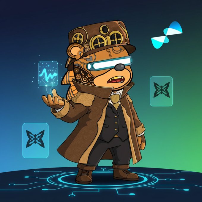 A steampunk-styled bear mascot wearing a top hat with gear motifs and a glowing VR headset stands on a circuit-board platform, conjuring a holographic data wave from its paw, surrounded by floating icons including a butterfly symbol—evoking the post's themes of cryptography, quantum security risks like "harvest now decrypt later," and the Quip Network's research on privacy-focused nodes.