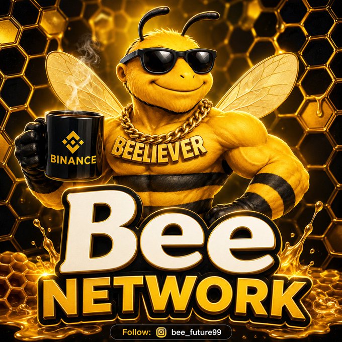 A muscular cartoon bee wearing sunglasses and a "BEELIEVER" chain holds a black Binance mug, set against a glowing honeycomb background with "Bee Network" prominently displayed and "Follow: @bee_future99" at the bottom, visually reinforcing the post's celebration of the 55 million-strong Bee Network community and its Beeliever identity.