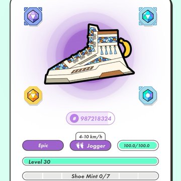 A mobile game screen showing an Epic sneaker item with stats like '4-10 km/h', 'Jogger', '100.0/100.0', 'Level 30', and 'Shoe Mint 0/7'.