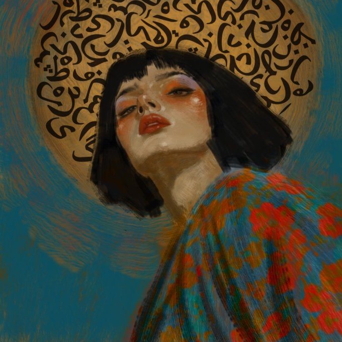 The image features an illustration of a woman wearing a colorful, flowered dress with a blue background. The woman has short hair and is looking up at the viewer. The painting includes Arabic script that reads "GM & Sold Edition Starting the day with a sale".