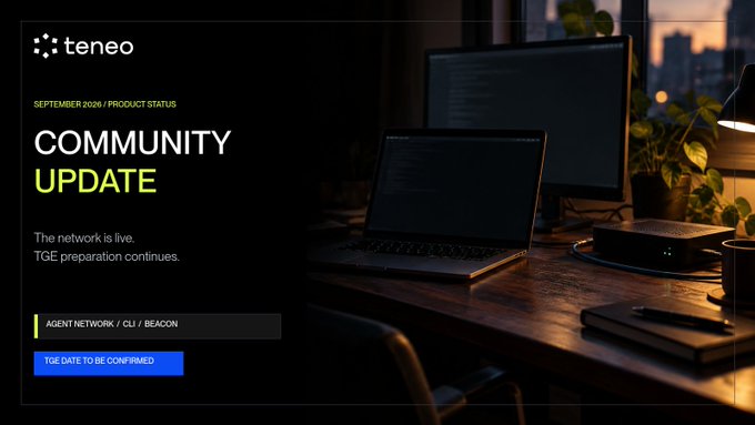 A 'Community Update' from September 2026 for a project called Teneo. The graphic states 'The network is live. TGE preparation continues' alongside an image of a laptop on a desk.