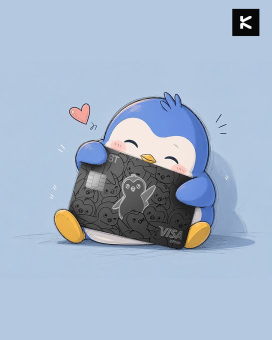 The image features a cute penguin holding a black credit card in its beak. The penguin appears to be hugging the credit card, giving the impression that they are sharing a warm embrace. This playful scene is set against a light blue background with a heart and a number "K" written above it. The post seems to be promoting the idea of using credit cards for crypto onboarding or transactions, as suggested by the text in the image.