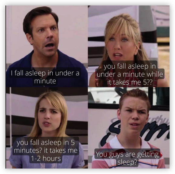 A four-panel meme featuring “Arrested Development” characters expressing increasing shock at how quickly others fall asleep, with captions reading “I fall asleep in under a minute,” “you fall asleep in under a minute while it takes me 5??,” “you fall asleep in 5 minutes? it takes me 1-2 hours,” and “You guys are getting sleep?” The meme humorously reflects the trader’s sentiment in the post, comparing the overnight recovery of ETH to $1,900 to effortlessly falling asleep while others anxiously wait through volatile price swings.