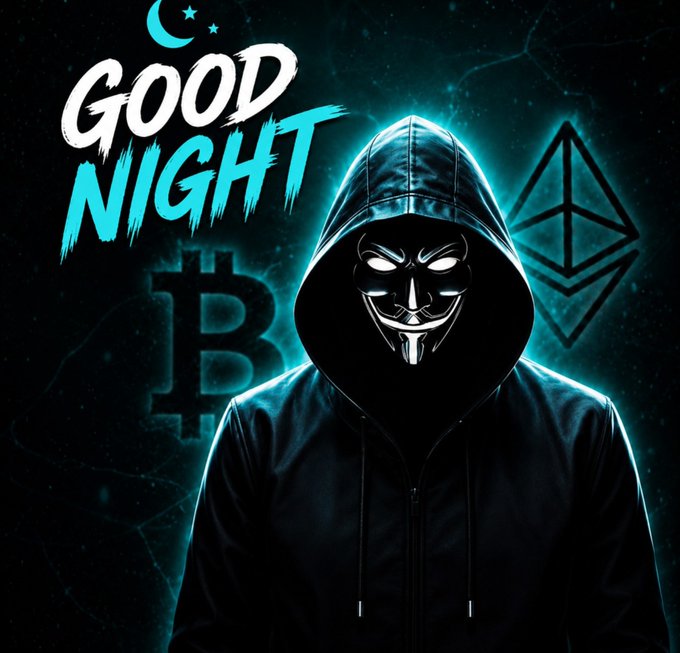 A hooded figure wearing an Anonymous mask, glowing in cyan, with 'GOOD NIGHT' text, Bitcoin and Ethereum symbols in the background.