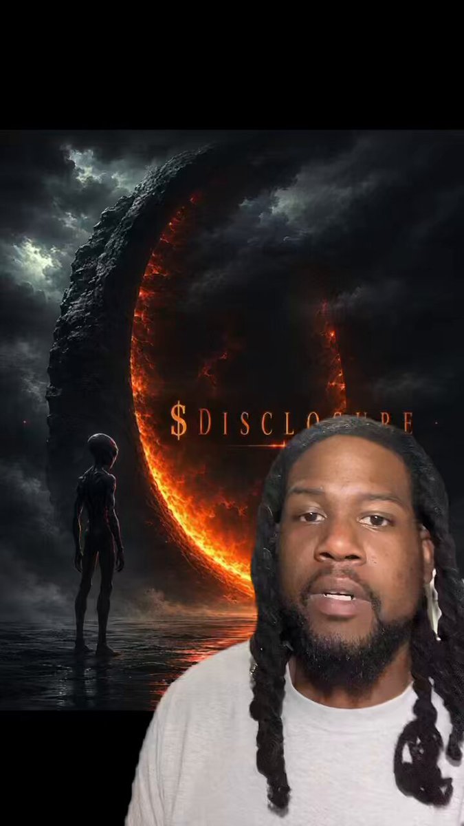 The image features a man with dreadlocks wearing a white shirt, standing next to a poster that says "disclosure" written in orange letters. The poster also includes an illustration of a person floating above water. The man appears to be looking at the poster or posing for it.
