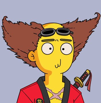 A cartoon-style illustration combining characters, showing a yellow-skinned figure with wild brown hair, sunglasses on top of the head, and a red martial arts outfit with a sword on the back.