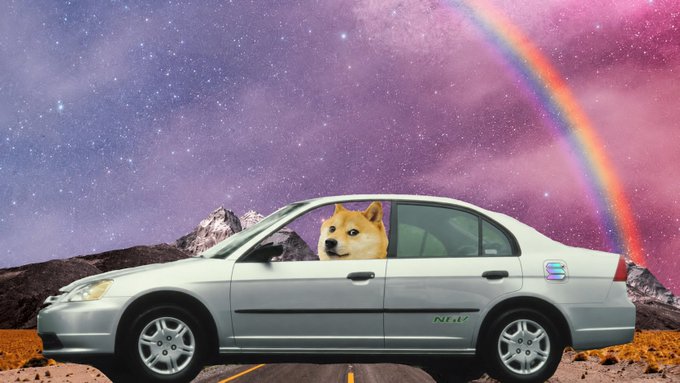 A surreal digital artwork featuring a Shiba Inu dog sitting in the driver's seat of a silver Honda Civic against a cosmic purple galaxy sky with a rainbow and mountains.