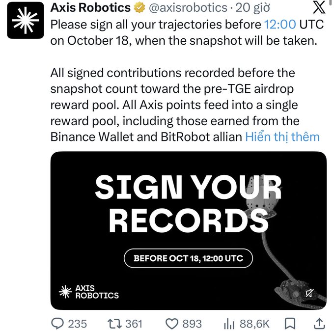 A tweet from the verified Axis Robotics account (@axisrobotics) reminds followers to 'SIGN YOUR RECORDS' before October 18 at 12:00 UTC for an airdrop reward pool.