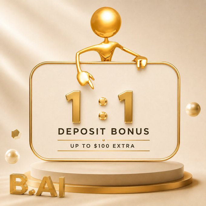 A 3D-rendered promotional graphic featuring a golden character holding a sign reading '1:1 DEPOSIT BONUS UP TO $100 EXTRA' on a beige and gold podium background.