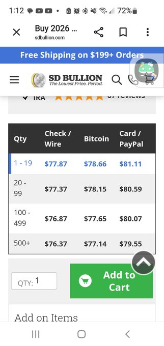 A mobile screenshot of the SD Bullion website showing a pricing table for 2026 silver coins, with quantity tiers and payment methods (Check/Wire, Bitcoin, Card/PayPal) ranging from $77.87 down to $76.37 per coin.