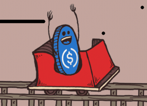 A 2D cartoon illustration of an anthropomorphic blue coin with a dollar sign symbol, raising its arms while riding in a red minecart on tracks.