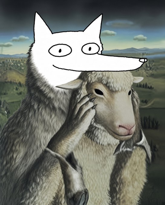 A surreal image showing a white wolf-like creature with a simple drawn face on top of another realistic wolf that is embracing a sheep, parodying a famous classical painting.