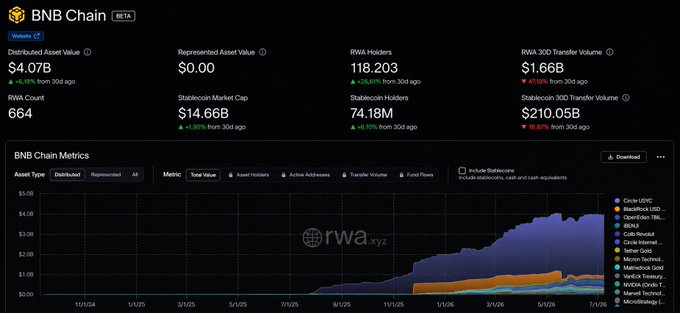 The image shows a BNB Chain RWA dashboard from RWA.xyz displaying a distributed asset value of $4.07B (+5.18% from 30 days ago), 118,203 RWA holders (+26.61%), a stablecoin market cap of $14.66B, and a 30D transfer volume of $1.66B, supporting the post's claim that BNB Chain has emerged as the second-largest tokenized real-world asset ecosystem. A stacked area chart of BNB Chain metrics tracks asset growth from late 2024 through mid-2025, showing a sharp acceleration in early 2025.