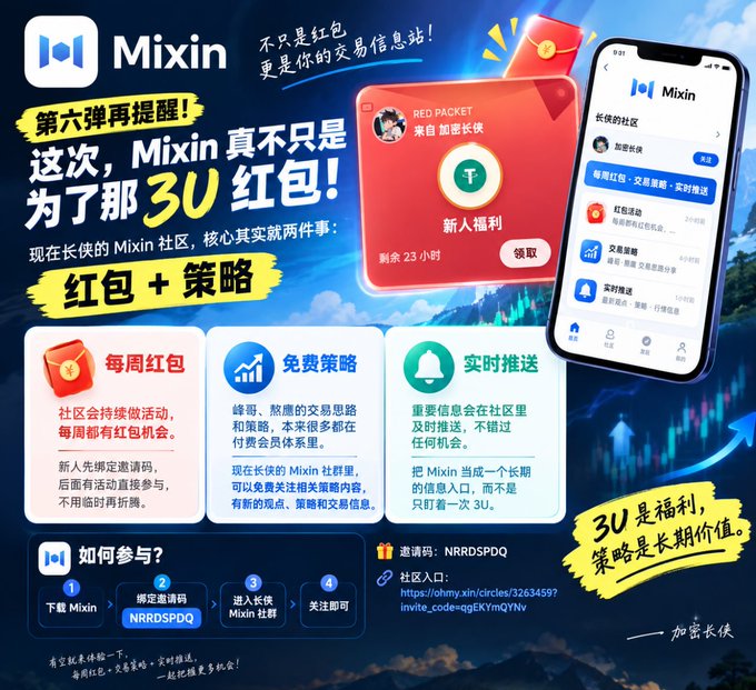 A promotional graphic for the Mixin app highlights a "3U red envelope" campaign, announcing the sixth reminder that Mixin is more than just transaction information but also offers red envelopes and free strategies. The image showcases the app interface with a red packet feature, details weekly red envelope events, free trading strategies, real-time push notifications, and provides a referral code "NRRDSPDQ" along with a community link, emphasizing that "3U is the benefit, strategies are the long-term value."