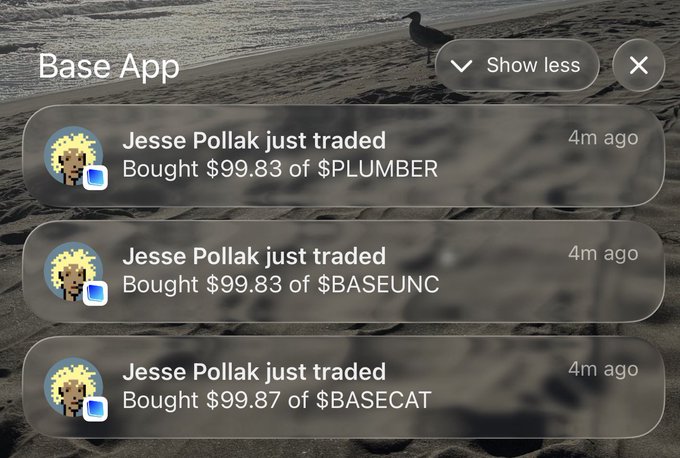 A screenshot of the Base App's "Show less" notification overlay displays three recent trade alerts from Jesse Pollak, each showing purchases of approximately $99.83-$99.87 of different tokens: $PLUMBER, $BASEUNC, and $BASECAT, all timestamped 4 minutes ago. The repeated notifications of Pollak buying these Base-related memecoins aligns with the caption "Only a matter of time," suggesting an anticipated next move or outcome following these trades.