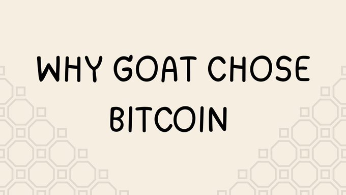 A simple graphic with beige background displays the text 'WHY GOAT CHOSE BITCOIN' in black handwritten-style font, with hexagonal patterns along the sides.