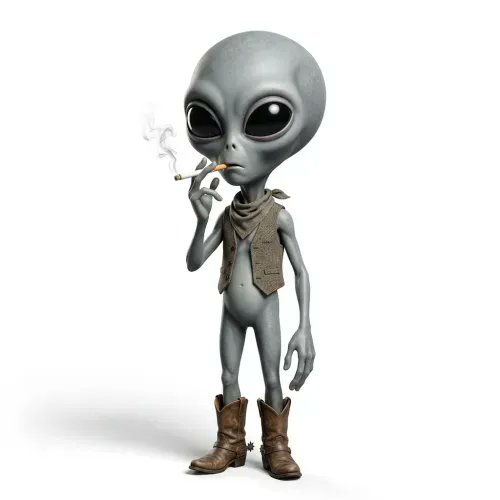 The image features a cartoon alien character standing upright with its arms crossed, wearing cowboy boots and holding a cigarette in one hand while smoking the other. The caption below the image reads "BRAINROT #9607 has been sold for 0.1 WETH". This suggests that someone is selling this cartoon character as an item or merchandise, possibly for collectors or fans of the series.
