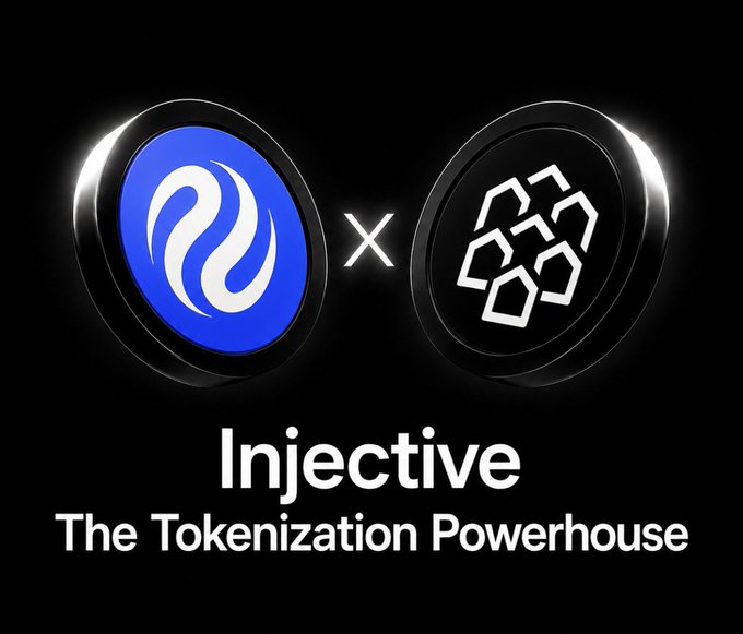 A promotional graphic showing 'Injective' (a blue logo) crossed with another logo, with the text 'The Tokenization Powerhouse' on a black background.
