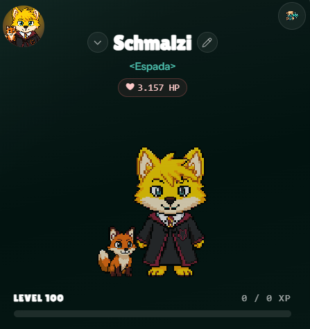 A digital profile screen for a pixel art character named 'Schmalzi' with an <Espada> title, showing a yellow fox-like figure in a black coat alongside a small fox at Level 100.