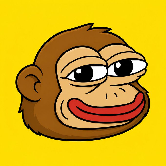 A cartoon illustration of a monkey or ape face with half-lidded eyes and a wide red smile, set against a bright yellow background.