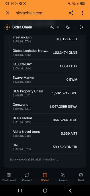 Screenshot of the Sidra Chain wallet app showing a balance list including Freelanclum (0.0012 FREET), Global Logistics Network (102.2474 GLNS), FALCONBAY (1.804 FBAY), Ewave Market (0 EWM), GLN Property Chain (1,502.8217 GPC), Gemworld (1,047.2059 SGWA), REGs Global (966.5244 REGS), Aisha travel tours (0.659 AITT), and ONE (59.1623 ONETK), illustrating the variety of tokens users may need to transfer from their Sidra wallet.