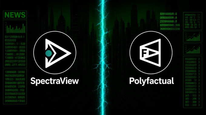 A promotional graphic featuring two logos separated by a teal lightning bolt: 'SpectraView' on the left and 'Polyfactual' on the right, set against a dark background with 'NEWS' and scrolling numerical data.