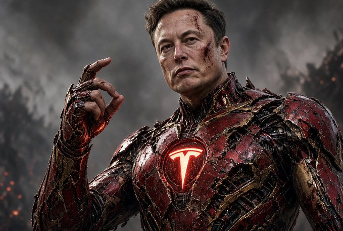 A man with Elon Musk's likeness is depicted wearing a battle-damaged, red and gold superhero suit resembling Iron Man, complete with the Tesla "T" logo glowing on the chest; this visual playfully ties into the accompanying post about "$1000 Launch Prep," suggesting Musk as a heroic figure ready to power Tesla into a major milestone.