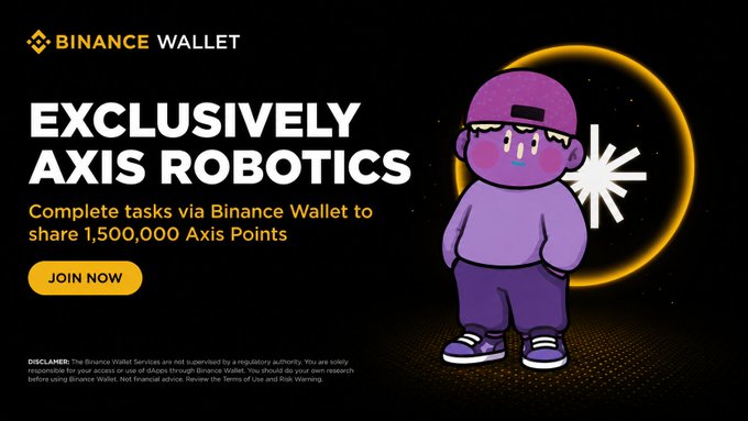 A promotional banner for Binance Wallet featuring an exclusive Axis Robotics campaign offering 1,500,000 Axis Points, with a purple cartoon mascot character on a black background.