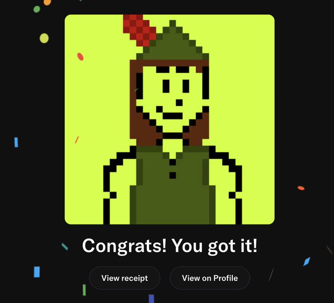 A pixel art character in green Robin Hood attire with a feathered cap appears on a lime green background with the text "Congrats! You got it!" displayed alongside "View receipt" and "View on Profile" buttons, celebrating a successful mint of the "RhMerryMen" NFT collection.